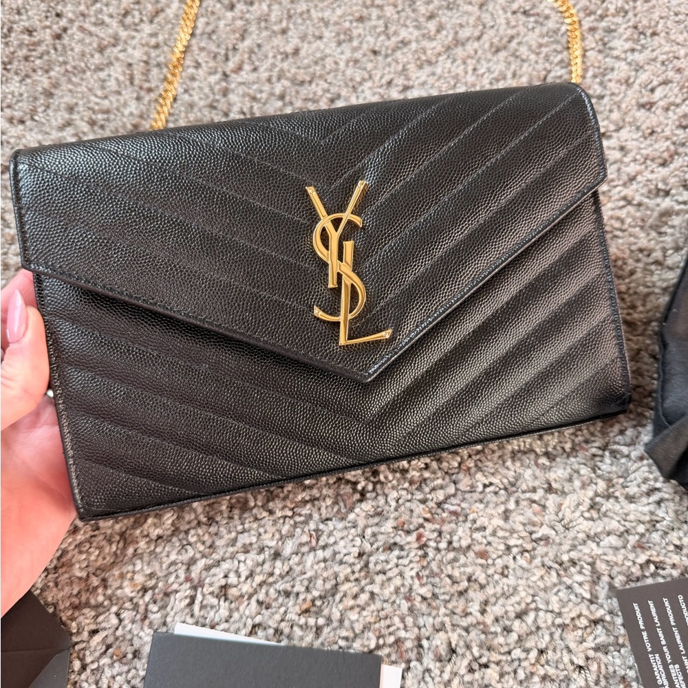 Yves Saint Laurent Black Monogram Envelope Wallet on Chain - Picture 2 of 9